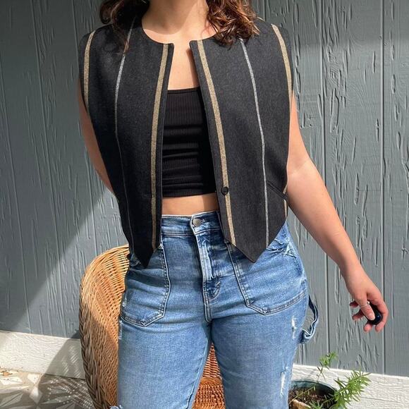 John Meyer Jackets & Blazers - Indie Black Vest with Cream Grey Stripes John Meyer Size 10 Crewneck